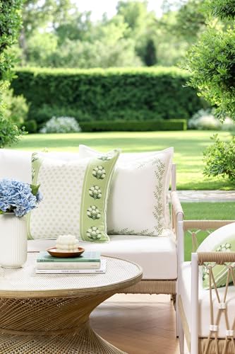 Hofdeco Premium Grandmillennial Patio Indoor Outdoor Throw Pillow Cover Only, 20"x20" Water Repellent for Backyard, Couch, Poolside, Grass Green Embroidered Leaves Frame - color: Grass Green Leaves Frame 20"x20"