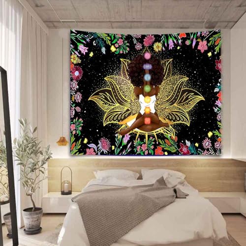 Ine Ive African Chakra Tapestry African American Woman Zen Meditation Tapestries100x90 Inch Starry Sky Flower Garden Inspirational Afro Yoga Wall Art for Bedroom Dorm Decor - size: 100"L x 90"W