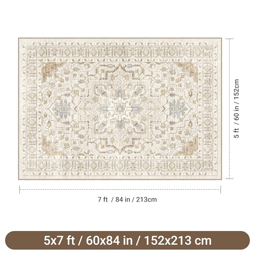 befbee 5x7 Area Rug for Living Rooms, Stain Resistant Neutral Washable Rugs for Dining Rooms, Floral Vintage Non-Slip Thin Large Size Area Rugs(Beige) - color: Beige, size: 5' x 7' (Rectangular)