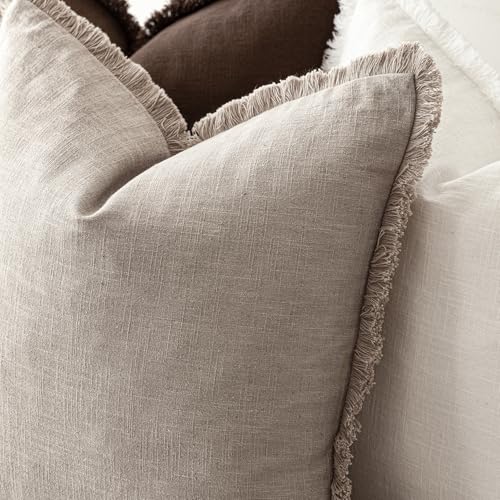 Foindtower Set of 2 Decorative Linen Fringe Throw Pillow Covers Farmhouse Cushion Cover with Tassels Soft Accent Pillowcase for Couch Chair Sofa Bed Living Room Home Decor,16×16 Inch,Natural Linen - color: Natural Linen, size: 16" x 16" (Pack of 2)