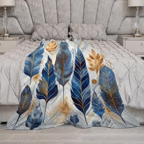 Blanket Luxury Feather Leaf Plant Blue Throw Blanket for Women Men, 40"x50" Golden Foliage Plush Flannel Throws, Decor for Bed Couch Bedroom - color: Luxury Feather Leaf Plant Blue, size: 40"x50"