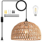 Brown Rattan Light Fixture 15ft Plug In Pendant Light Woven Pendant Light Boho Chandelier Wicker Pendant Light Boho Pendant Light Plug In for Dining Room Kitchen Island Bedroom(Bulb Incl.) - color: 12.2" Natural Plug In