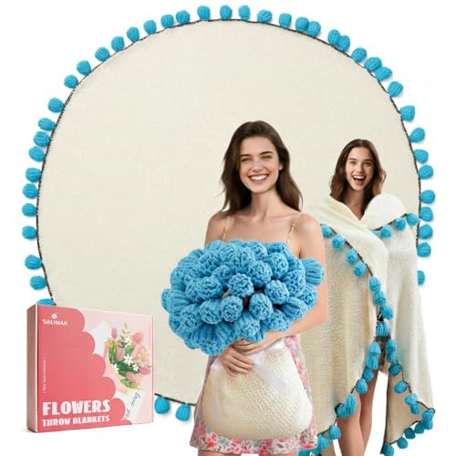 Flower Bouquet Blanket, Birthday Gifts for Mom Women Grandkids Teacher Wife Girlfriend Her, Crochet Flower Blanket, Soft Knitted Throw Blankets for Housewarming Gifts (Blue Roses) - color: D-blue Roses