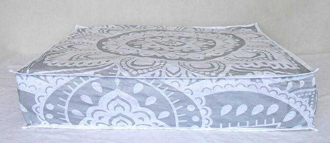 CRAFT KALA Mandala Floor Pillow Cushion Cover Seating Throw Cover Hippie Decorative Bohemian Ottoman Poufs Pillow Cases Boho Indian Cotton Living Room Yoga Home Décor 35" Square, White Silver Flower