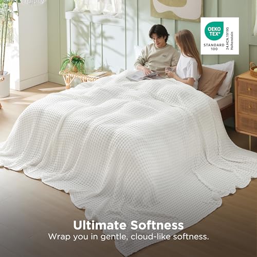 Bedsure Cooling Cotton Waffle Oversized King Blanket - Lightweight Breathable Blankets Rayon Derived from Bamboo for Hot Sleepers, Luxury Throws for Bed and Sofa, Ivory, 120x96 Inches - color: Ivory, size: Oversized King (120" X 96")