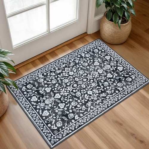 Vintage Entryway Rug Indoor, Charcoal Black White Washable Rug 2x3, Non-Slip Small Area Rug, Floral Print Thin Faux Wool Super Soft Door Mat for Kitchen, Entrance, Bedroom, Office - color: Charcoal Black White, size: 2' x 3' (Rectangular)