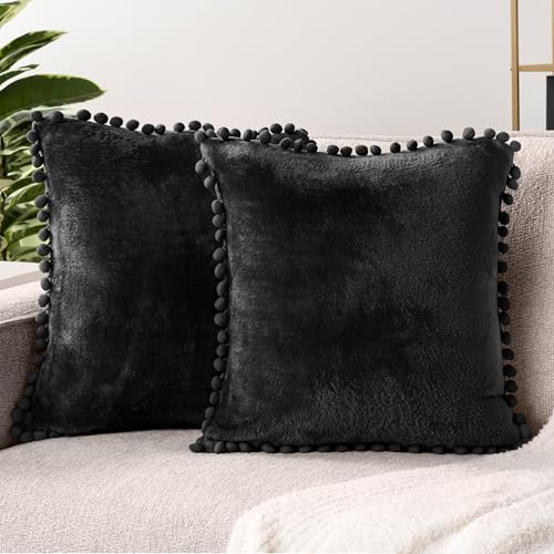 PAVILIA Black Throw Pillow Covers with Pom Pom 18x18 Set of 2, Decorative Pillow Cases for Bedroom Aesthetic, Small Throw Pillows Set for Bed, Velvet Euro Plush Cushion Covers for Sofa Couch - color: Black, size: 18" x 18" (Pack of 2)