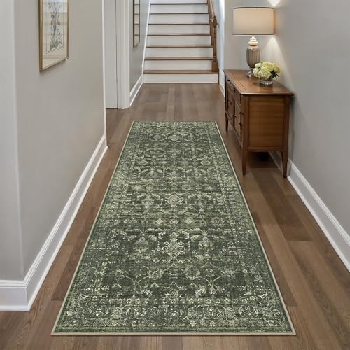 3x7 Green Runner Rug Hallway Washable Area Rugs Kitchen Vintage Boho Non Slip Long Rug Floral Carpet Indoor Retro Soft Low Pile Throw Rug for Bedroom Bathroom Laundry Dining Living Room Office - color: Dark Green, size: 3' × 7' (Runner)