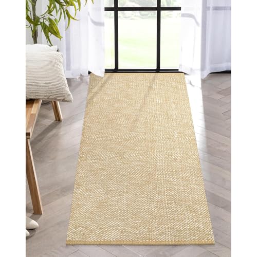 LEEVAN Washable Runner - 2'x5', Tan Hallway Runner, Hand-Woven Reversible Entryway Rug, Cotton Modern Bedroom, Farmhouse Bathroom, Soft Laundry Room, Long Carpet Sink Foyer - color: Tan/Cream, size: 2' x 5' (Rectangular)