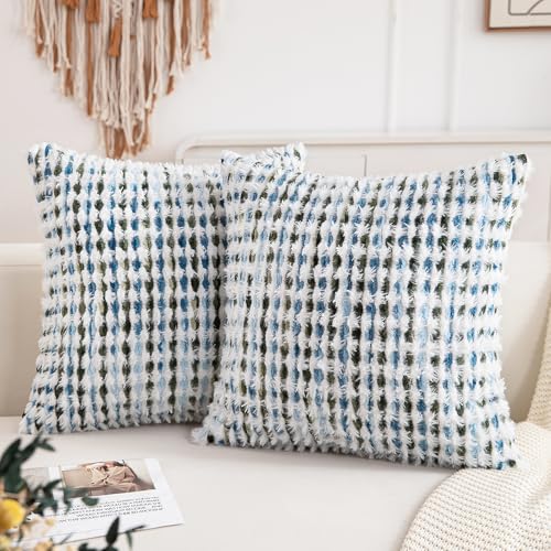 Decorative Boho Pillow Covers Set of 2-18x18 Inch Tufted Farmhouse Boho Throw Pillows for Couch, Neutral Chenille Fluffy Accent Pillowcase for Bed Living Room, Bedroom Sofa, Blue Green - color: Blue, size: 18" x 18" (Pack of 2)