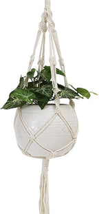 TAMAYKIM 6 Inch White Hanging Planter with Durable Rope - Drum Shape Flower Pot for Indoor Outdoor Plants, Balcony Garden Decor (Plants Not Included)