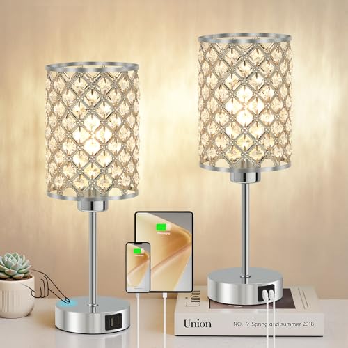 GyroVu Set of 2 Silver Crystal Touch Table Lamps for Bedroom, Dimmable Modern Bedside Lamps with USB-C & USB-A Ports, Nightstand Desk Lamps for Living Room & Home Office - Bulbs Included - color: Silver-2, size: 14.75"