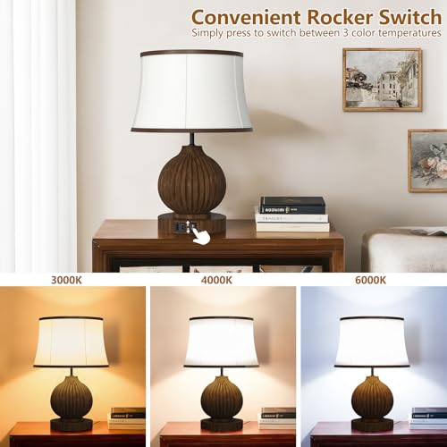 JESLED 18" Vintage Walnut Wooden Table Lamp for Living Room,Farmhouse Rustic Bedside Lamp for Bedroom Room,Office, End Table Home Decor