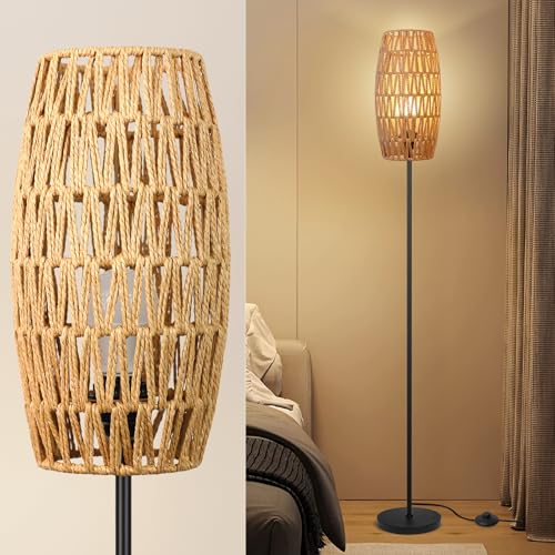 Ruiever Floor Lamp for Living Room,Farmhouse Floor lamp,Modern Standing lamp with Hand-Worked Rattan Shade (Drum Rattan Shade Black Body Color-3 Color Bulb) - style: Drum Rattan Shade Black Body Color-3 Color Bulb