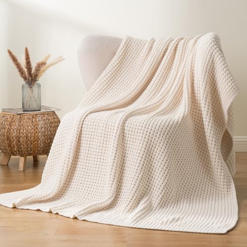 Bunnikins & Clover Cream White Throw Blanket for Couch, Waffle Ivory Throw Blanket for Bed, Warm Decorative White Blanket Throw for Home Decor, 50"x60" - color: Cream, size: 50"x60"