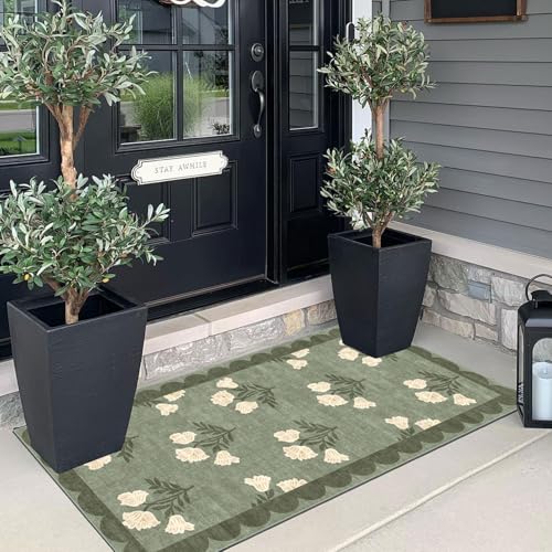 Front Door Mat Indoor Entrance - 2x4.3 Ft Floral Washable Layered Doormat Outdoor Entrance Porch Rug Non-Slip Sage Green Boho Runner Rug for Kitchen Hallway Bedroom Laundry Room Porch Decor - color: Flower - Green, size: 2' x 4'3" (Rectangular)