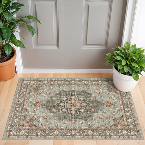 Washable Oriental Area Rug - 2x3 Rugs for Living Room Soft Carpet for Bedroom Waterproof Floral Distressed Indoor Stain Resistant Non-Shedding Floor Carpets (Green, 2x3) - color: Green, size: 2' x 3' (Rectangular)