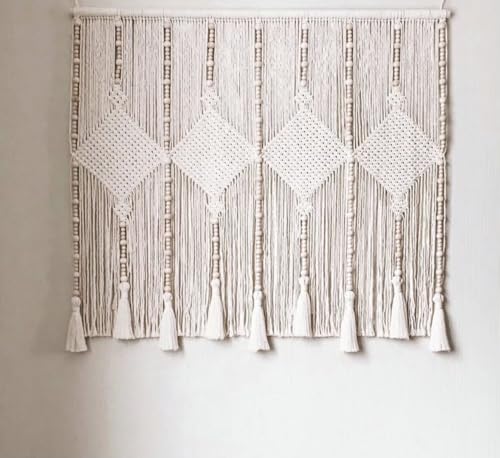 kiido Large Macrame Wall Hanging 47"×33" Boho Tapestry Woven Wall Decor- Cotton Tassel Macrame Curtain Beige Chic Bohemian Wall Art for Home Living Room Bedroom Dorm Wedding (Includes Hanging Rod)