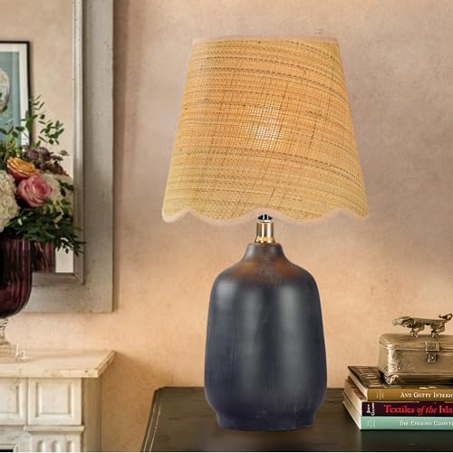 Pia Ricco 19" Modern Ceramic Table Lamp for Living Room Cream Base Desk Lamps for Bedroom Farmhouse Bedside Nightstand Lamp End Table Lamps,Black,Rattan Shade - color: Black Base