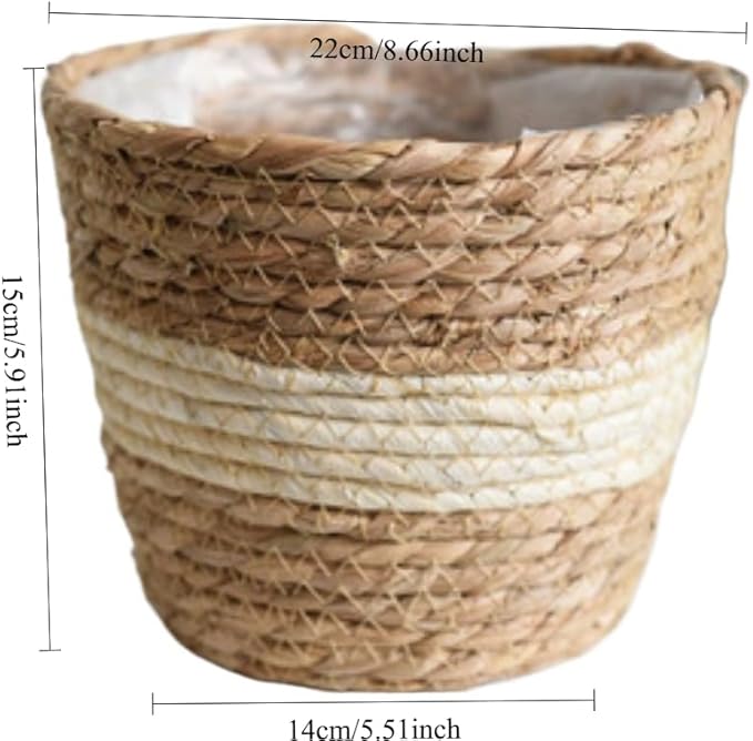 Water Hyacinth & Corn Stalk Woven Plant Basket with Plastic Liner Indoor Rustic Planter Basket for Home Floor Potted Plants Decorative Flower Pot Holder(8.66inch)
