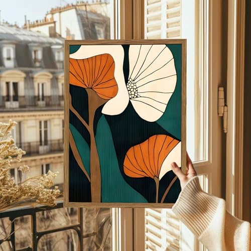 Mid Century Modern Flower Wall Art Vintage Abstract Botanical Wall Decor Painting Set of 2 Mid Century Boho Dark Floral Poster Canvas Print Pictures for Living Room Bedroom 12x16 inch Wood Framed - color: Floral B, size: 16"L x 12"W