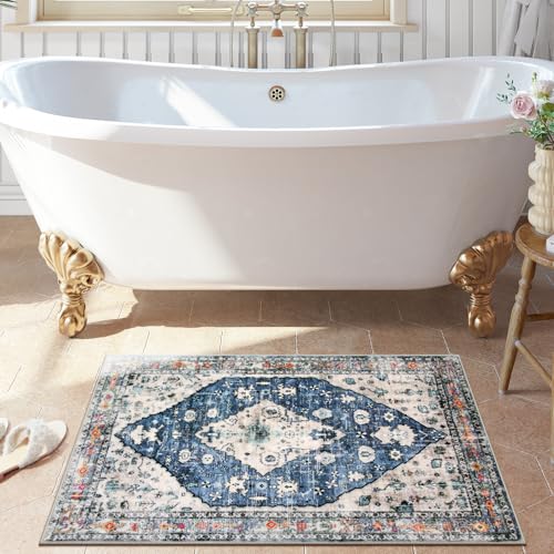 Lahome Felice Boho Tribal Area Rug - 2x3 Small Front Door Rug, Soft Non Slip Washable Entryway Mat Bohemian Low Pile Throw Doormat Carpet for Living Room Kitchen Laundry Bedroom Bathroom, Blue - color: Blue, size: 2' x 3' (Rectangular)