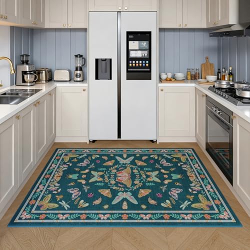 Unirea 4x6 Washable Living Room Bedroom Area Rug, Dark Blue Boho Non Slip Soft Stain Resistant Insect Bug Rug for Home Office, Kitchen, Nursery, Dining Room Laundry Room, Low Pile Thin Carpet - color: Dark Blue, size: 4'x6'