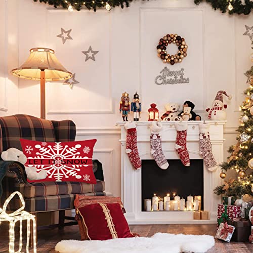 Red Christmas Snowflake Pillow Covers Farmhouse Let It Snow Rectangular/Waist Cushion Cover New Year Winter Holiday Decor Pillowcases 12’’×20’’ for Home Sofa Couch Patio Outdoor - color: Red Snowflake