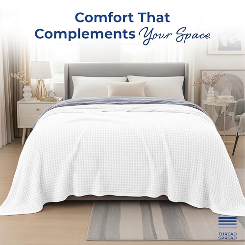 THREAD SPREAD 100% Cotton Waffle Twin Size Blanket for Bed - Soft Lightweight Breathable Waffle Weave Twin Blanket for All Season, Textured Throw Blankets for Bed, Sofa, Hotel, Hospital - White - color: Waffle - White, size: Twin / Twin XL