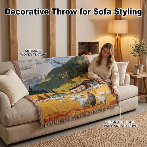 Mountain Cottage Woven Throw Blanket,Wall Hanging with Fringe 51x63 Inch | Meagtlva Jacquard Tapestry Cotton Blend Rustic Cabin Decor,Vintage Wall Hanging Tapestry for Livingroom Bedroom Sofa Bed - color: Alpine Village Sheep Meadow
