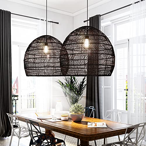 Arturesthome 17.6" Black Kitchen Island Pendant Light,Rattan Woven Pendant Light Shades Handmade Hanging Light Ceiling Light for Living Room,Entryway, Foyer - color: Black, size: 17.68in*15.7in