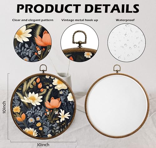 Round Wall Decoration, Boho Flowers Wall Art, Midcentury Modern Printed Canvas Wall Hanging for Bedroom Kitchen Office, Bedroom Wall Decor, Living Room Wall Art, Circular Wall Hanging with Hooks,19 - color: Vintage18