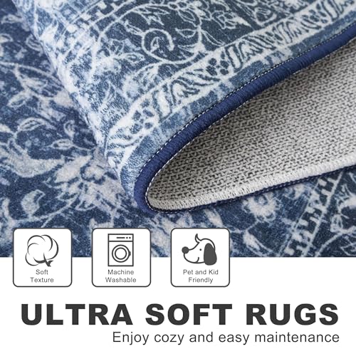 KILOCOCO Hallway Runner 2x5 Printed Vintage Floral Washable Kitchen Runner Rug Non-Slip Runners for Hallways Distressed Boho Runners for Bedroom Laundry Room, Navy Blue - color: Blue/Navy/White, size: 2' x 5' (Runner)