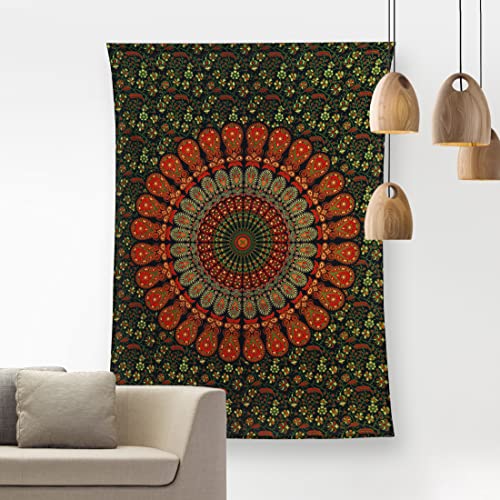 Bless International Handmade Indian hippie Bohemian Psychedelic Peacock Mandala Wall hanging College Dorm Beach Throws Table Cloth Bedding Tapestry (Golden Green, Poster(30x40Inches)(76x101cms)) - color: Golden Green, size: 40"L x 30"W