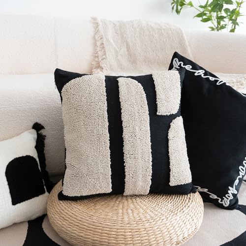Black Cream Boho Chunky Tufted Pillow Cover, Neutral Decorative Square Throw Pillow Case, Geometric Woven Modern Sham for Bed Couch Living Room, 18x18 inches, 1PCS - color: Black, size: 18" x 18" (Pack of 1)