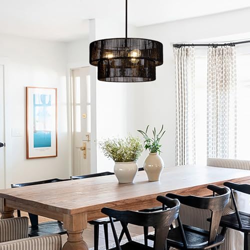 Black Boho Rattan Chandelier 18'' Hand Woven Chandelier Light Fixture 3-Light Farmhouse Drum Pendant Light for Dining Room Bedroom Kitchen Hallway Foyer - color: 18" Black Rattan