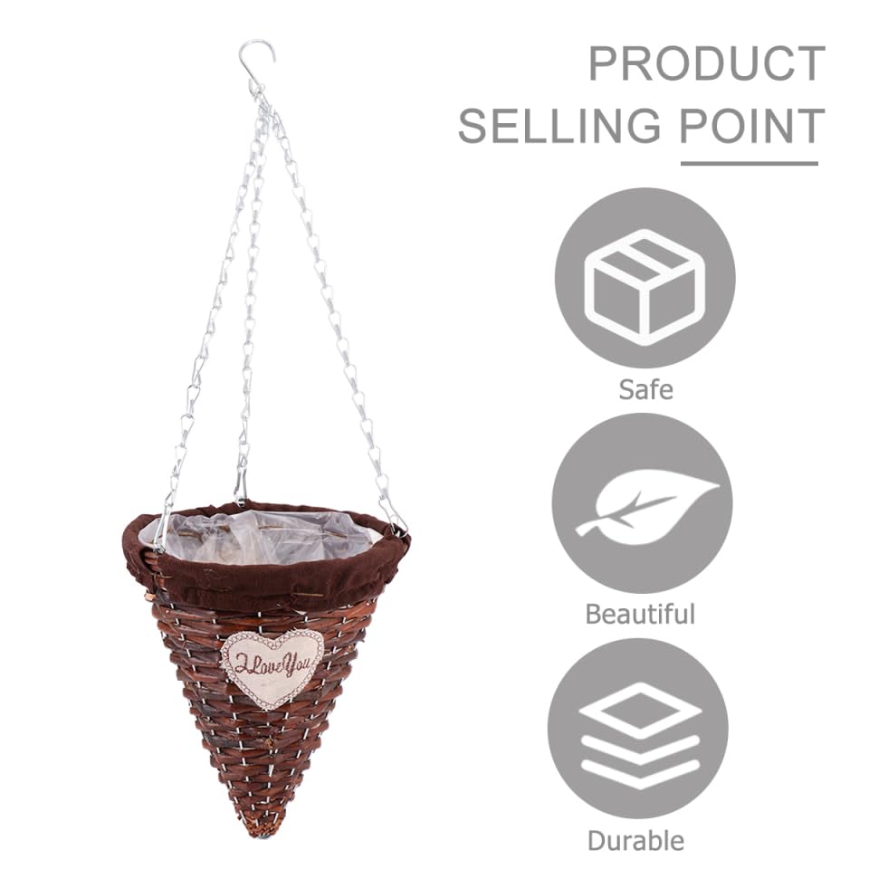Mikikit Hanging Rattan Cone Basket Chain Wicker Wall Hanging Planter for Decor Boho Style for Flower Pots and Plants