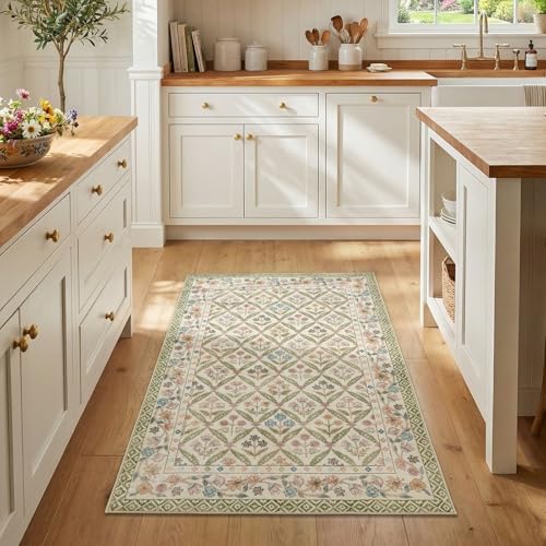 jinchan Haden Accent Rug 3x5 Vintage Floral Washable Rug for Bedside Entryway Soft Non-Slip Low Pile Small Carpet for Girls Dorm Small Living Room Cottage Indoor Decor Sage Green - color: Sage Green, size: 3' x 5' (Rectangular)