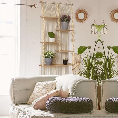 Flber Macrame Wall Hanging Shelf Boho Wall Decor Home 2 Tier Hanger Shelves Braided with Tassels Shelves Organizer for Kitchen, Bedroom, Home Storage, Floating Plant Shelf (Wood) - color: Ivory2