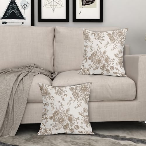 Vintage Floral Pillow Covers 18x18 Inch Set of 2 Tan and Cream Floral Throw Pillow Covers Chinoiserie Flower Pillowcases Rustic Farmhouse Cotton Linen Cushion Covers for Couch Bed Sofa Home Decor - color: Tan, size: 18" x 18" (Pack of 2)
