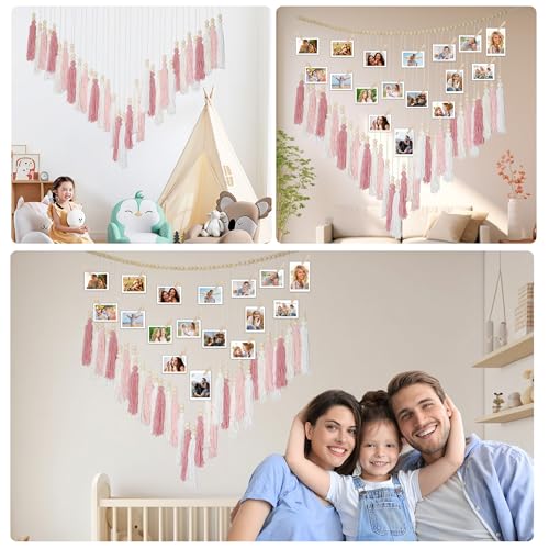 Macrame Hanging Photo Display Wall Decor, Macrame Photo Wall Hanging Boho Room Bedroom Wooden Beads Garland Picture Holder Photo Display Cilp with 30 Clip - color: Blush Pink White