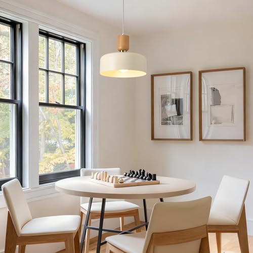 Modern Pendant Lighting,12 inch,Natural Wood and Brass Accent,Adjustable Pendant Light Fixtures for Kitchen Island,Dining Room,Soft Cream - color: Soft Cream