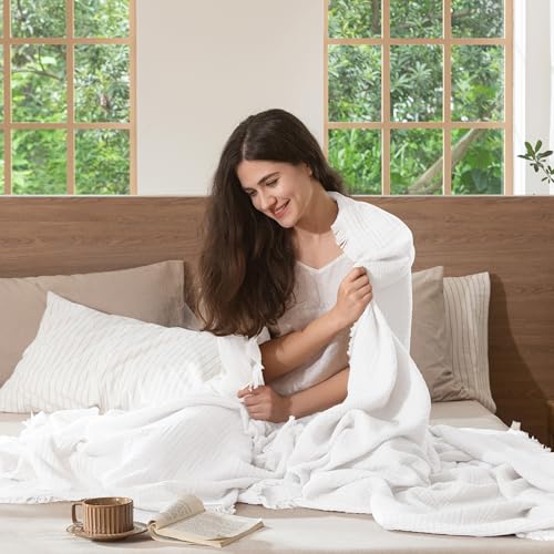 MooMee Muslin Blanket - 100% Cotton 4-Layer Gauze Throw Blanket with All-Around Fringe, Soft Breathable Lightweight Cooling Summer Blankets for Bed Couch (Bright White,King 104" x 90") - color: Bright White, size: King