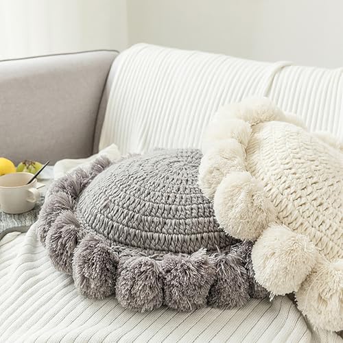 Byitre Bohemian Round Pillow 20 Inch | 100% Cotton Decorative Pillow Hand Tufted with Chunky Textured Poms | Boho Throw Pillow for Bed or Couch | Natural Beige Throw Pillow - color: Sunflower Beige