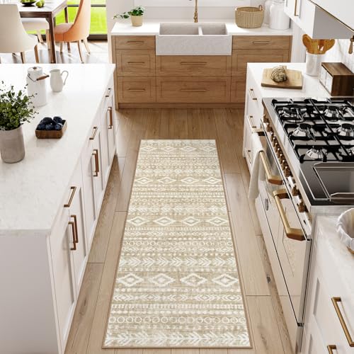 Lahome Boho Geometric Washable Runner Rug, 2x6 Low-Pile Tan Long Bathroom Runner Rug Non Slip Washable, Rustic Print Pattern Soft Bedroom Carpet Runner 6ft for Entryway Laundry Room Varena - color: Tan/White, size: 2' x 6'