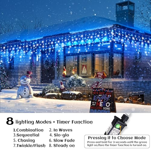 33ft Icicle Lights for Outside, Blue and White Christmas Lights Outdoor Indoor, 400 LED Twinkle String Light with 75 Drops Short Curtain Light for Thanksgiving Room Home Wall Bedroom Window Decoration - color: Blue and White, size: 400LED/33ft
