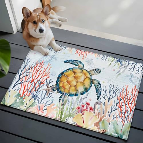Sea Turtle 2x3 Small Rug for Entryway Kitchen Front Door,Vintage Watercolor Ocean Animals Colorful Corals Seaweed Blue Washable Throw Rug Absorbent Non-Slip Indoor Floor Mat for Kitchen Entrance Home - color: Blue, size: 2' x 3' (Rectangular)