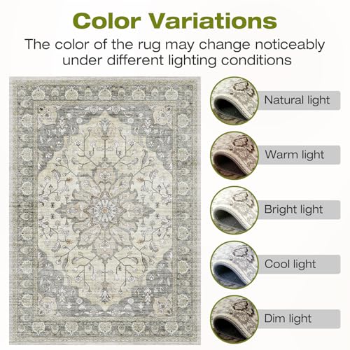 10x14 Area Rugs for Living Room, Machine Washable Boho Vintage Rug, Waterproof Surface & Non-Slip Backing, Foldable Soft Low Pile Floral Medallion Carpet for Bedroom Dining Room - color: Beige/Grey, size: 10' x 14' (Rectangular)