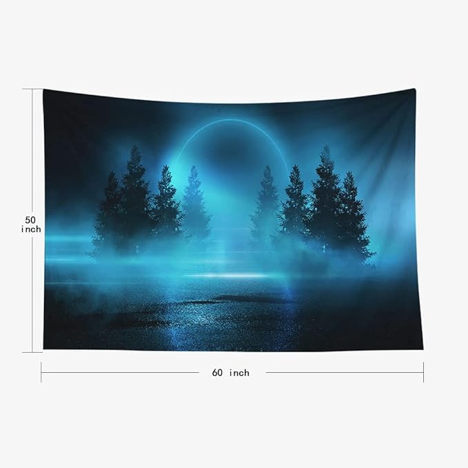EMMTEEY Blue Aesthetic Tapestry Moonlight Shine Dark Natural Scene with Reflection of in the Water Neon Blue Tree Tapestry 60X50 Tapestry Dorm Tapestry