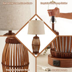 27” Vintage Bamboo Woven Table Lamps Set of 2, Farmhouse Rattan Bedside Lamps for Bedroom Livingroom Office Study with Nightlight and USB A+C, Bulbs Included